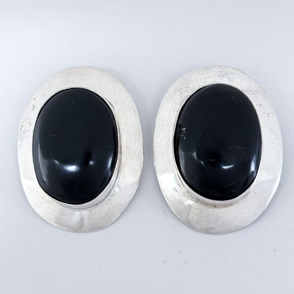 Vintage Mexico Taxco TC-140 Sterling Silver 925 Oval Onyx Clip Earrings - Picture 6 of 9